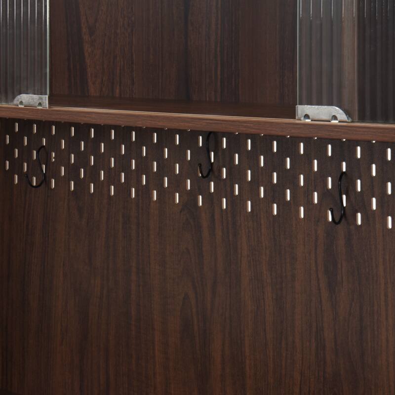 Kitchen Pantry with Bakers Racks, Freestanding Sideboard Cupboard with Reeded Glass Doors, Wood Cupboard with Microwave Stand