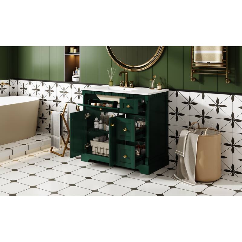 Roomfitters 36 Inch Bathroom Vanity with Sink, Modern Storage Cabinet with Adjustable Shelf and Drawers, Green