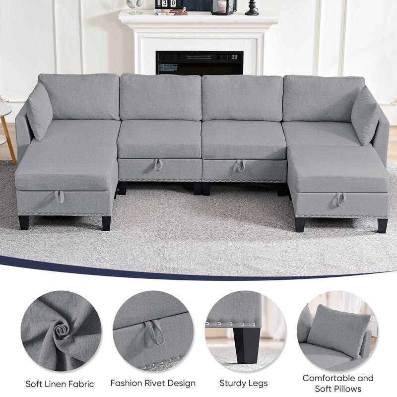 Mixoy Rivet Design Flexible Combination Reversible 4-Seater Modular Sofa with Storage Ottomans,Linen Convertible Sleeper Sofa