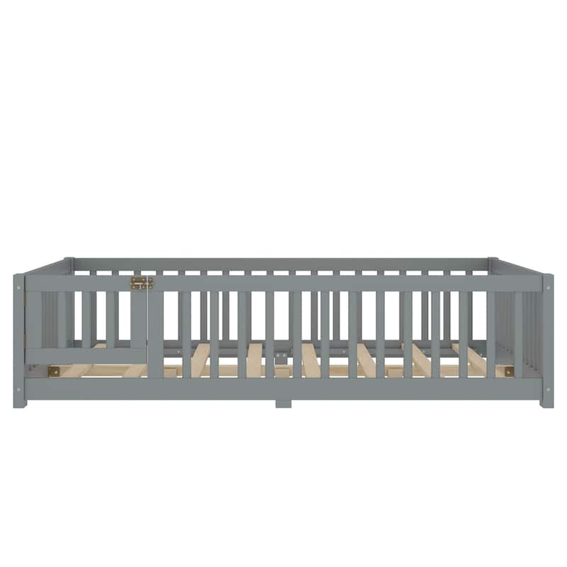 Full Size Bed Floor Bed with Safety Guardrails and Door for Kids