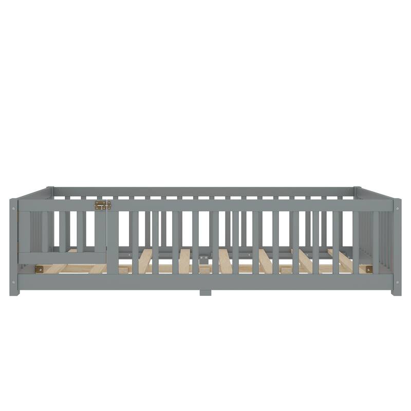 Montessori Toddler Floor Bed with Fence and Switchable Door, Low Profile Bed Frame with Removable Slats, Safe Transition Bed