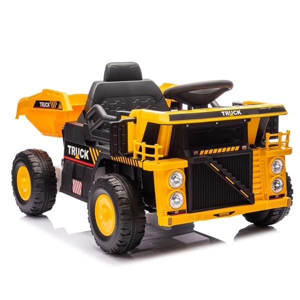 slide 2 of 20, Remote-Controlled 12V Kids Dump Truck with Multimedia, Volume Adjustment, and Electric Dump Bed for Children 3-5 Yellow