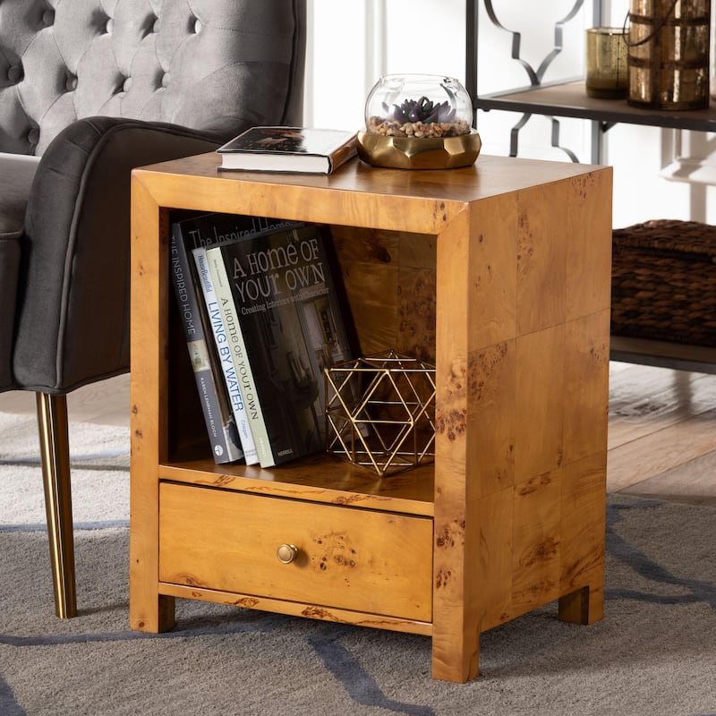 Camira Modern and Contemporary Natural Light Mappa Real Burl Wood 1-Drawer Nightstand