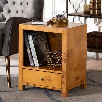 Camira Modern and Contemporary Natural Light Mappa Real Burl Wood 1-Drawer Nightstand