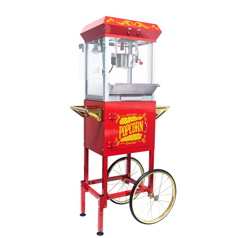 8oz Popcorn Machine with Cart, Stainless Kettle and Warming Deck