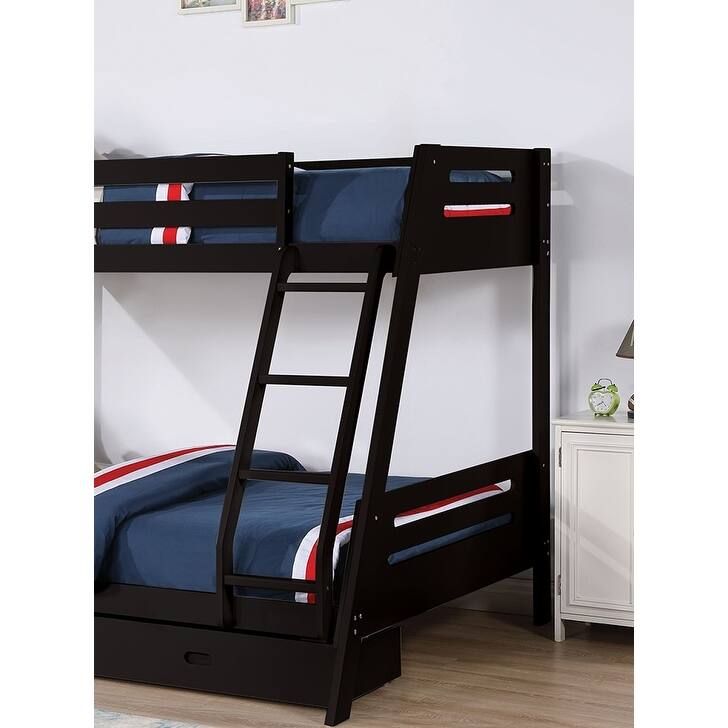 Black Wood Twin Over Full Bunk Bed with Reversible Ladder and Underbed Drawers