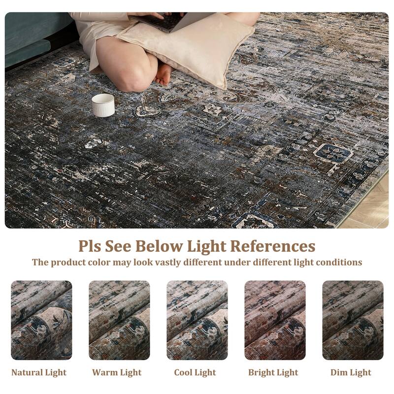Ombre Vintage Area Rug Distressed Washable Living Room Bedroom Rug Indoor Carpet Ultra-Thin Soft Rug Non-Slip