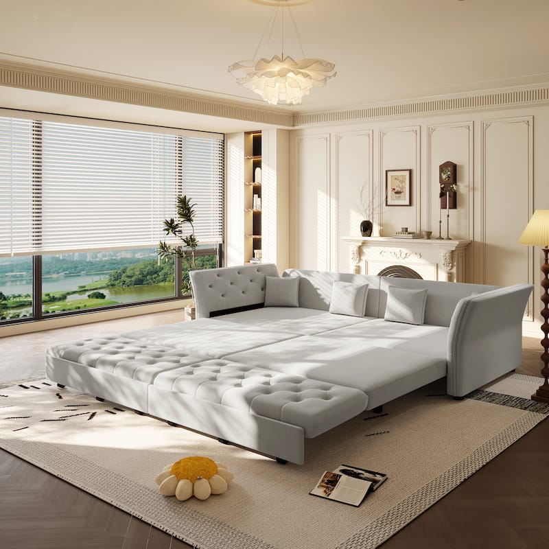 100" Oversize Pull Out Sofa Bed with Tufted Velvet Fabric - Convertible Sleeper Sofa for Living Room, Bedroom - Grey