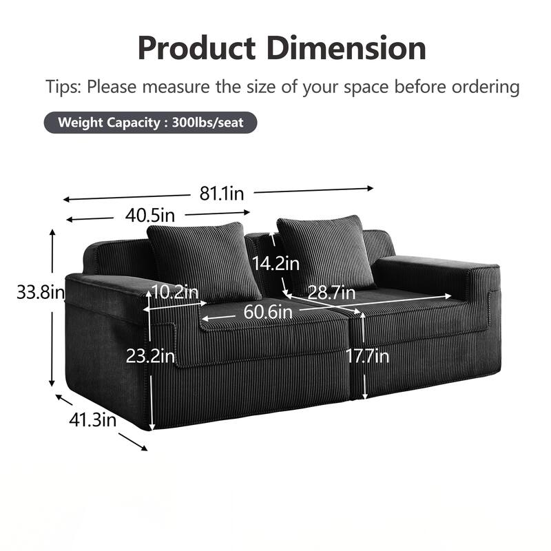 Modular 2 Seat Loveseat Boneless Sofa, Cloud Sectional Couch with Deep Seat