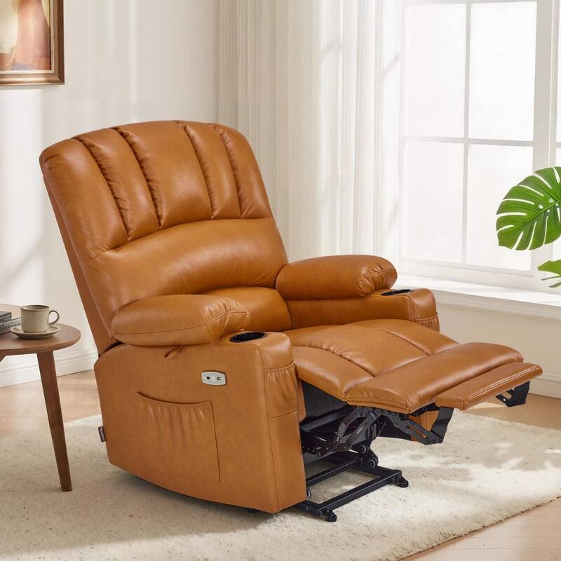 Power Lift Recliner Chair for Elderly, Massage and Heat, Faux Leather & Fabric - Faux Leather-Tawny