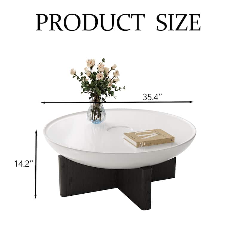 35.4" Modern Round Coffee Table - White Tabletop with Black Wood Cross Base, Sturdy Center Table for Living Room