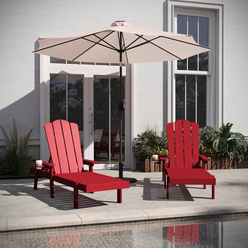 Set of 2 All-Weather Commercial Adjustable Lounge Chairs with Cupholders - Red