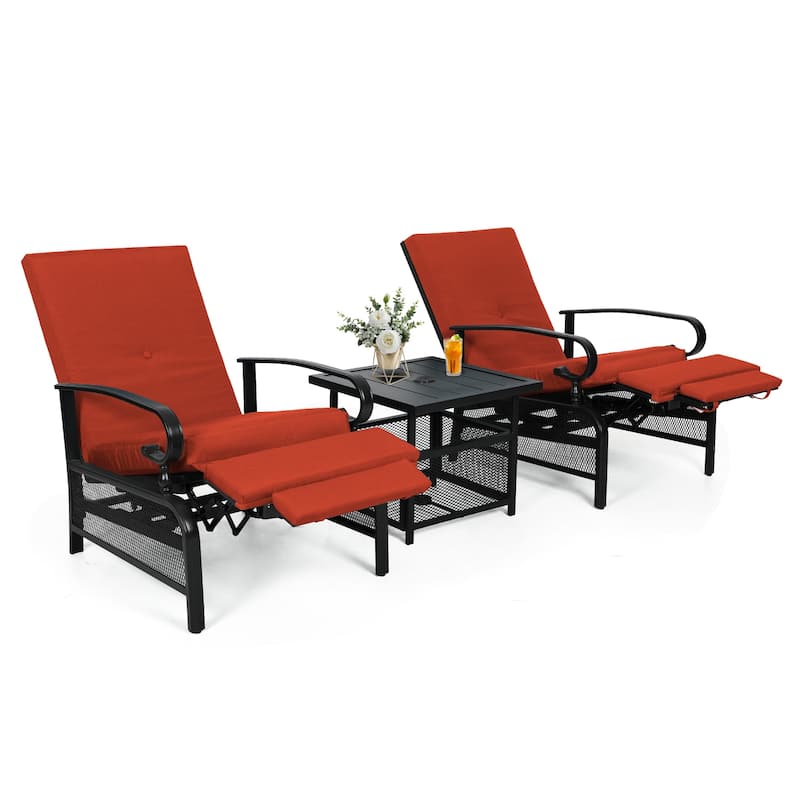 Outdoor Metal Patio Adjustable Recliner Lounge Chair & Bistro Table Set, Retractable Steel Frame and Removable Thick Cushion