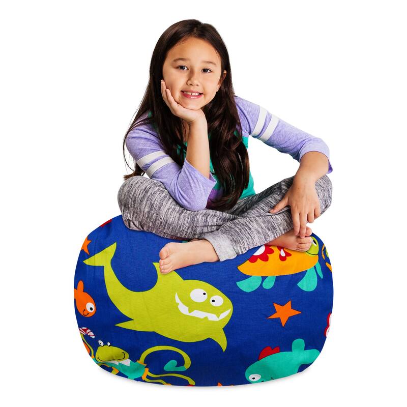 Kids' Stuffed Animal Storage Bean Bag Chair Cover or Toy Organizer - 27 Inches Medium - Canvas Sea Creatures on Blue