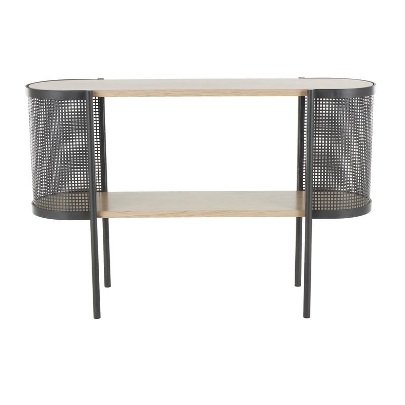 Wooden Oval Two-Toned Console Table with Mesh Side Panels and Brown Wood Tabletop - Light Brown - Roche River Decor