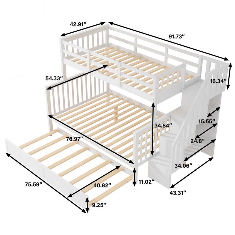 Twin Over Full Size Wood Bunk Bed with Twin size Trundle, Stairway, Storage and Guard Rail