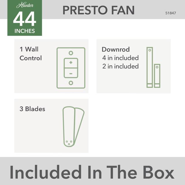 Hunter 52" and 44" Presto Ceiling Fan with Wall Control