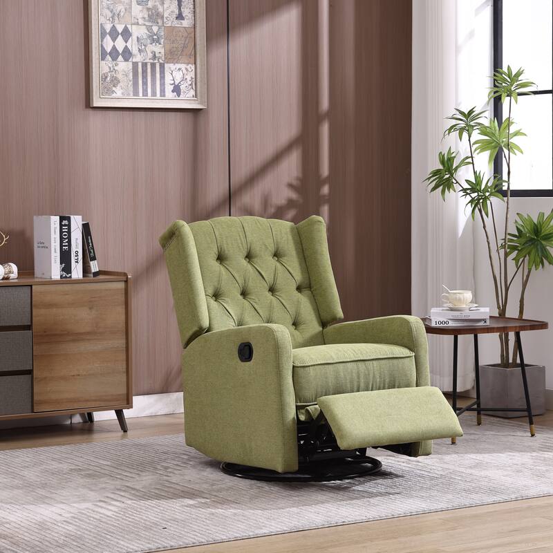 Olive Green Linen 360° Swivel Glider Rocker Manual Recliner with Button-tufted Backrest and Footrest for Living Room, Bedroom - Olive Green Linen