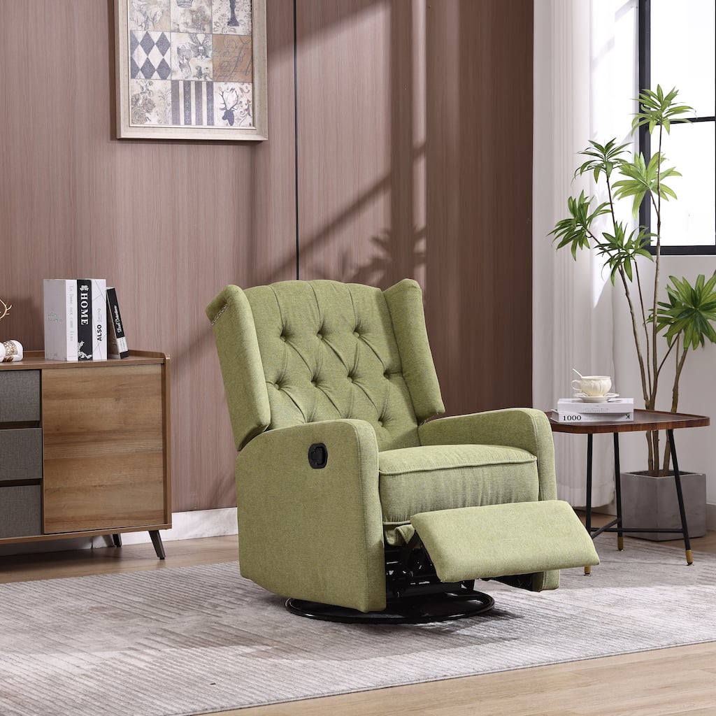Olive Green Linen 360° Swivel Glider Rocker Manual Recliner with Button-tufted Backrest and Footrest for Living Room, Bedroom