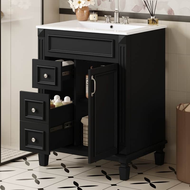 24" Bathroom Vanity with Ceramic Sink, 2 Drawers and Adjustable Shelf