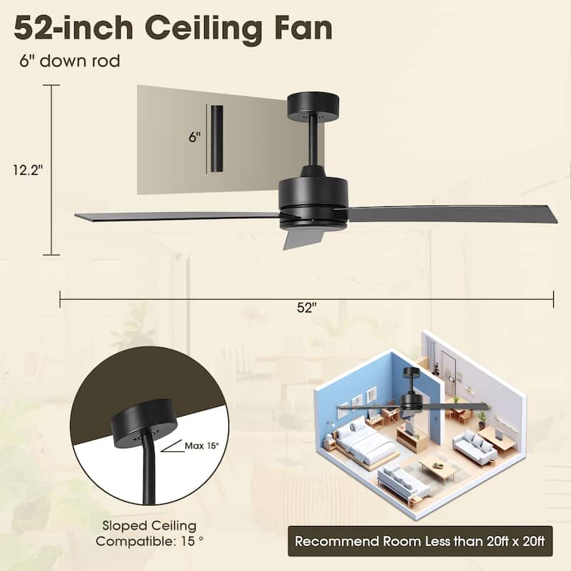52-inch Modern DC Motor Black Remote Indoor Ceiling Fan without Lights - 52-inch W*12.2-inch H