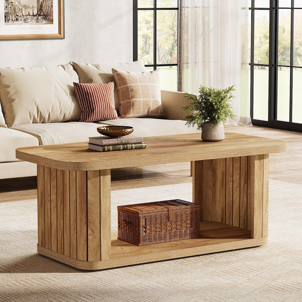 2-Tier Rectangle Coffee Table, 47.24-Inch Farmhouse Wood Center Tables for Living Room