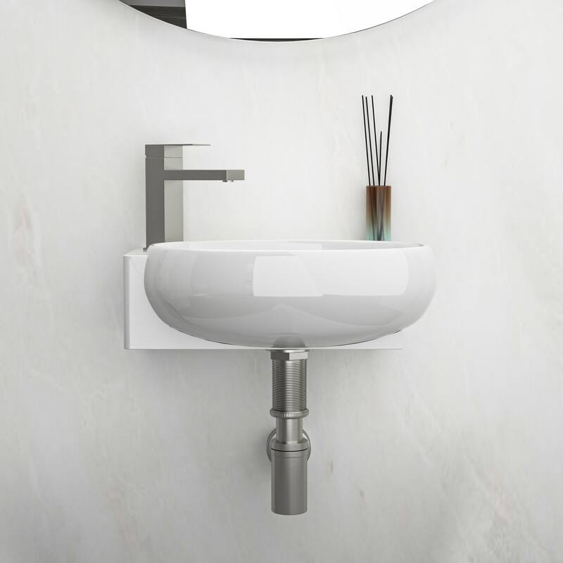 Modern 16-Inch White Ceramic Floating Bathroom Sink, Wall Mount with Single Faucet Hole