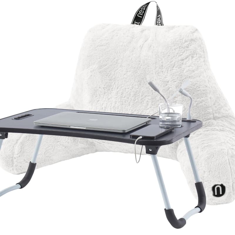 Emperyan Fur Reading Pillow with Laptop Lap Desk - White - Specialty