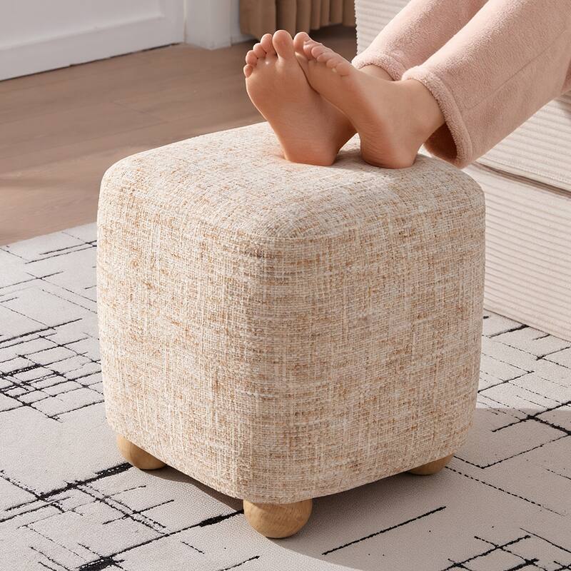 Chenille Upholstered Pouf Ottoman Footstool Acacia Solid Wood Footrest