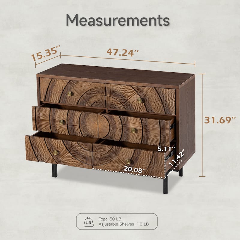 COZAYH Farmhouse 4-Door Storage Cabinet, 6-Drawer Dresser, Sideboard Buffet with Circle Pattern and Radioactive Wood Lines