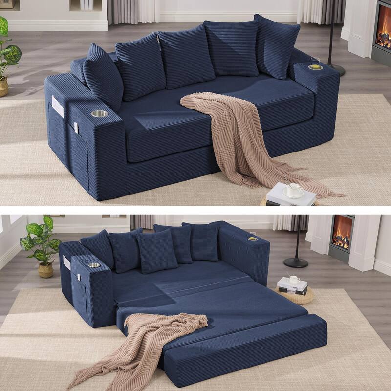 2-in-1 Convertible Sleeper Sofa, Floor Folding Couch, Sofa Bed with Side Pocket, Pull Out Loveseat with Cup Holders