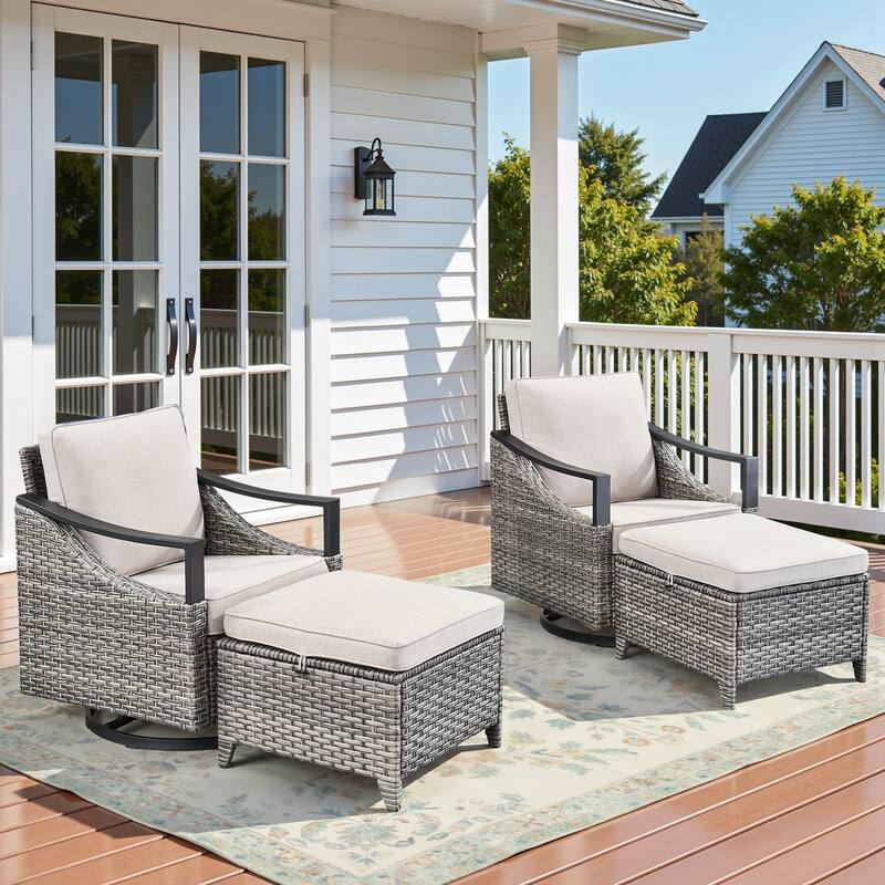 Pocassy Outdoor Sofa Swivel Patio Chair Table with Ottoman Set - Gray Wicker Beige Cushion - 4-Piece Swivel Chair with Ottoman
