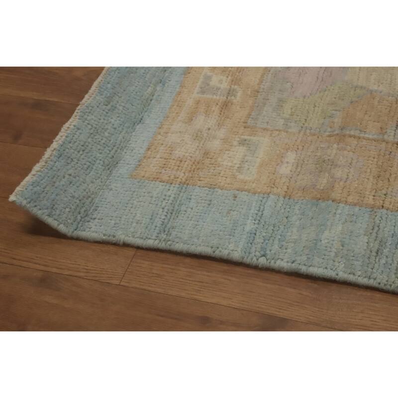 Handmade Blue Oushak Vegetable Dye Large Rug, Flora Geometric Carpet - 13' 8'' X 9' 10''