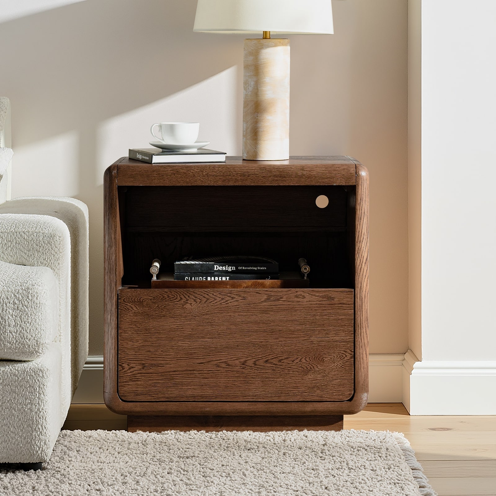 Elisabete Mid-Century Modern 1-Drawer Oak Veneer Nightstand with Charging Ports and No assembly By HULALA HOME