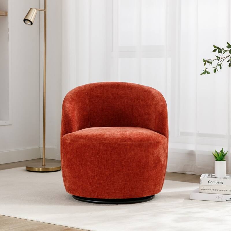 Chenille Fabric Swivel Accent Barrel Armchair with Coating Metal Ring