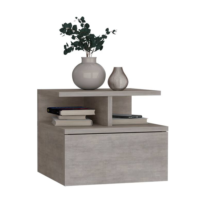 Wall-Mounted Floating Nightstand with Drawer and 2-Tier Shelf, Concrete Gray