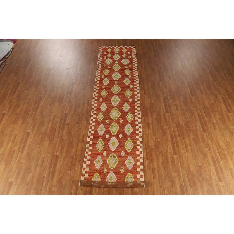 Orange Moroccan Oriental Runner Rug Handmade Hallway Wool Carpet - 3'5" x 15'10"