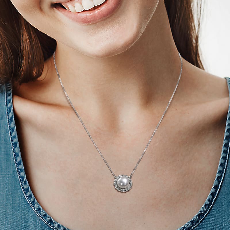 Miadora 9.5-10mm Cultured Freshwater Pearl and 1/6ct TGW Created White Sapphire Halo Pearl Sterling Silver