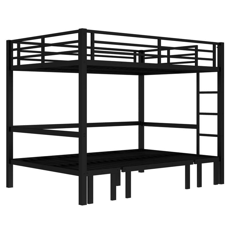 Roomfitters Full/Queen Metal Pull-Out Bunk Bed with 3-Section Expandable Lower Bunk & Safety Rails, Space-Saving Frame, Black