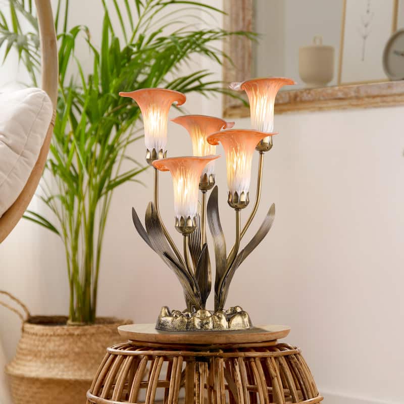20-inch Antique Brass and Hand Blown Glass 5 Calla Lily Uplight Accent Lamp - 15" x 14" x 20"