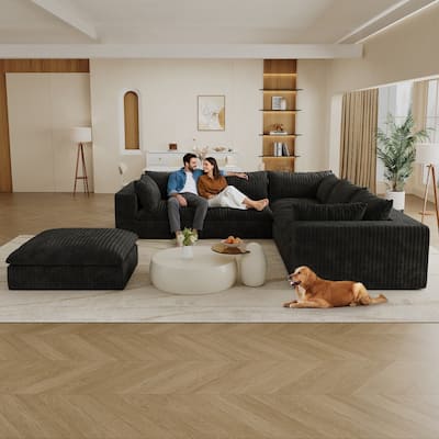 118.2" Modular L-shape Corduroy Fabric Cloud Sofa with Ottoman