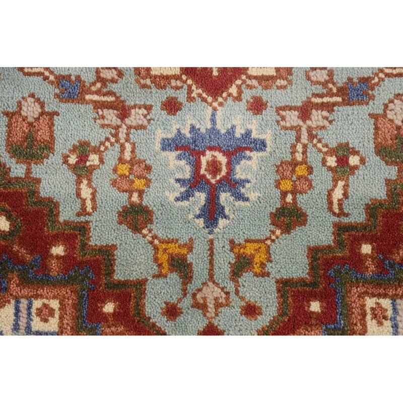 Turquoise Geometric Heriz Serapi Foyer Rug Hand-Knotted Wool Carpet - 3'0"x 4'11"