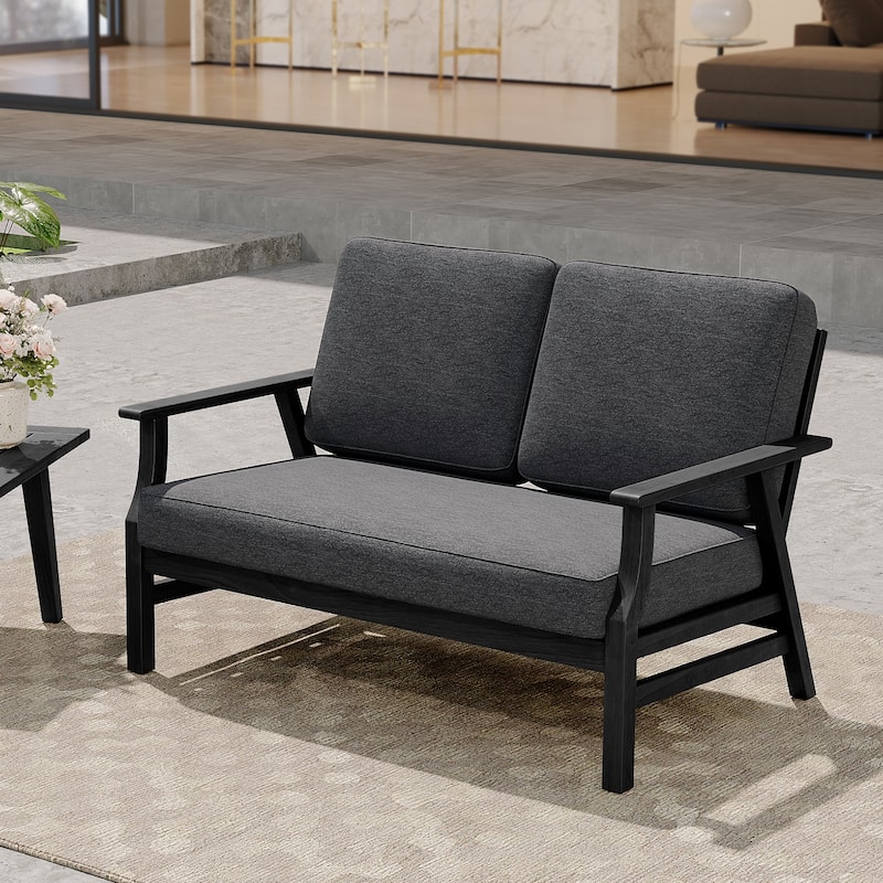 Casual Wood Cushioned 5-Piece Outdoor Patio Conversation Set - 2-Seat Loveseat - Dark Grey