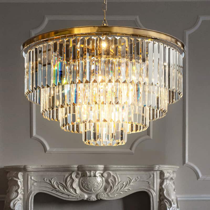 8-Lights Mid-Century Modern 4-Tier Round Fringe Crystal Chandelier - W31.5"