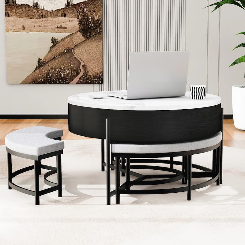 Modern Round Lift-Top Coffee Table with Storage & 3 Ottoman