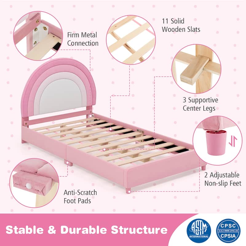 Gymax Kids Twin Platform Bed Frame Upholstered Twin Size Bed w/ Wooden