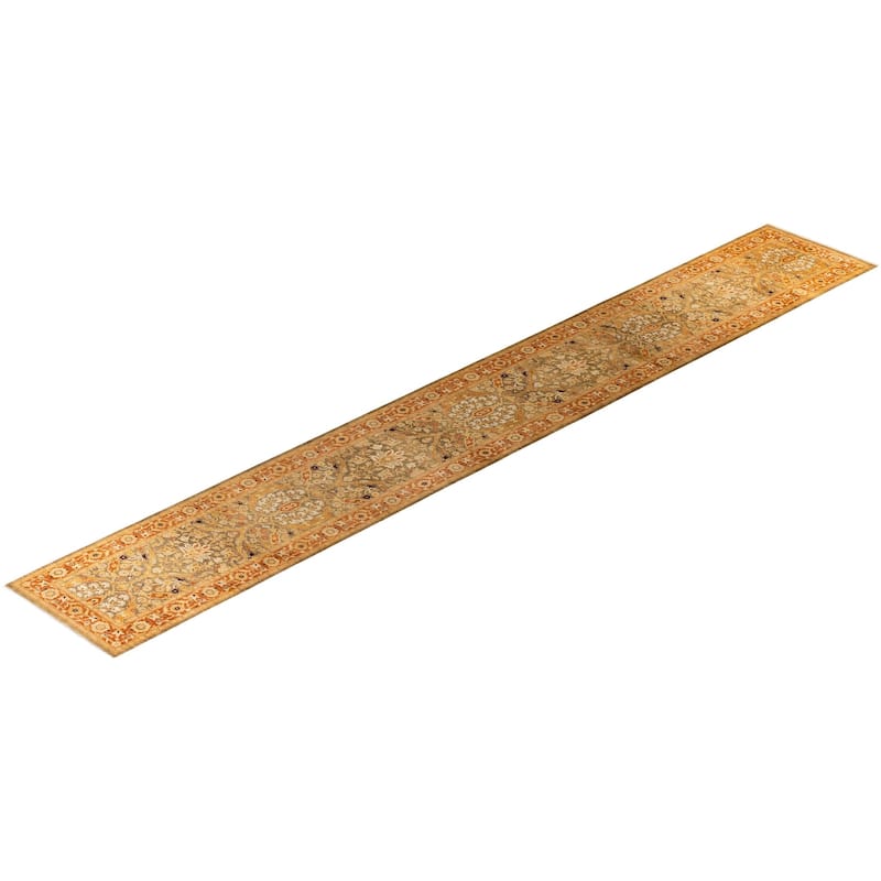 Overton Hand Knotted Wool Vintage Inspired Traditional Ottoman Green Runner Rug - 3' 1" x 22' 1"