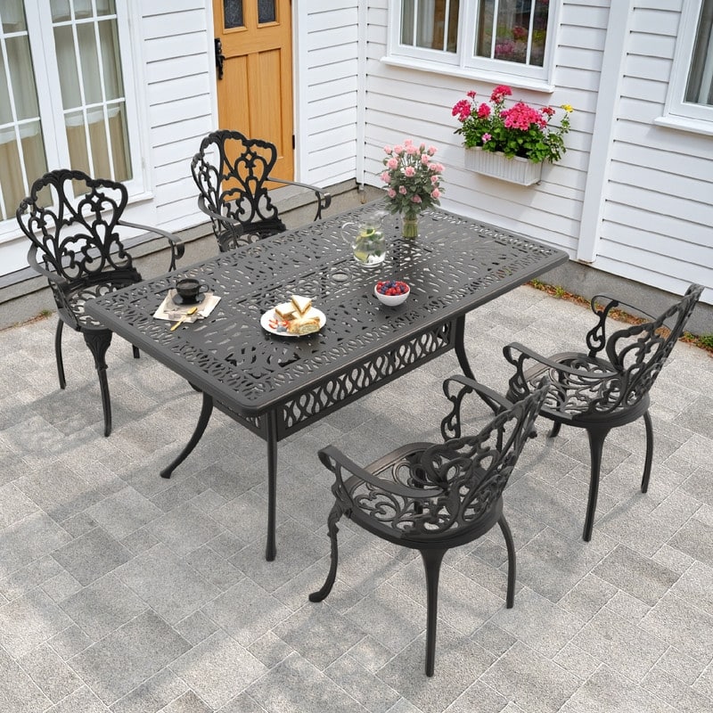 5/7-Piece Cast Aluminum Outdoor Dining Set with 58.27'' L X 34.65'' W Rectangular Table and Seat Cushions