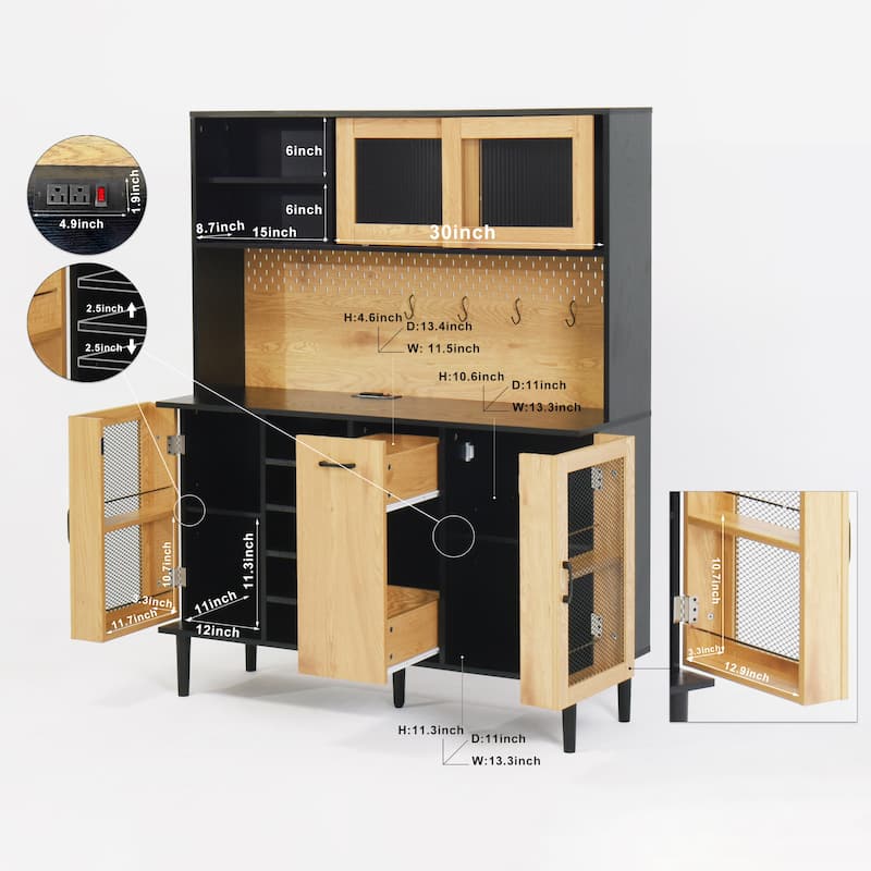 59" H Buffet Sideboard Cabinet with Storage Door & Power Outlet, Farmhouse Coffee Bar Cabinet with Wine Rack, Kitchen Pantry