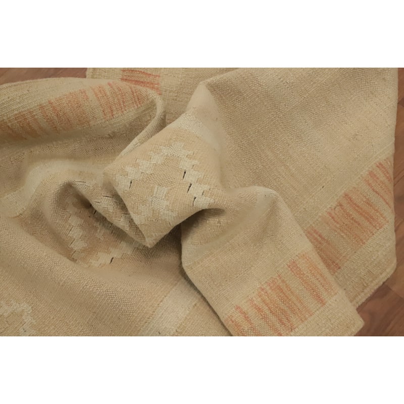 Hand Woven Oriental 100% Wool Carpet Southwestern Tribal Beige & Ivories Kilim Runner Rug - 9' 10'' X 2' 6''